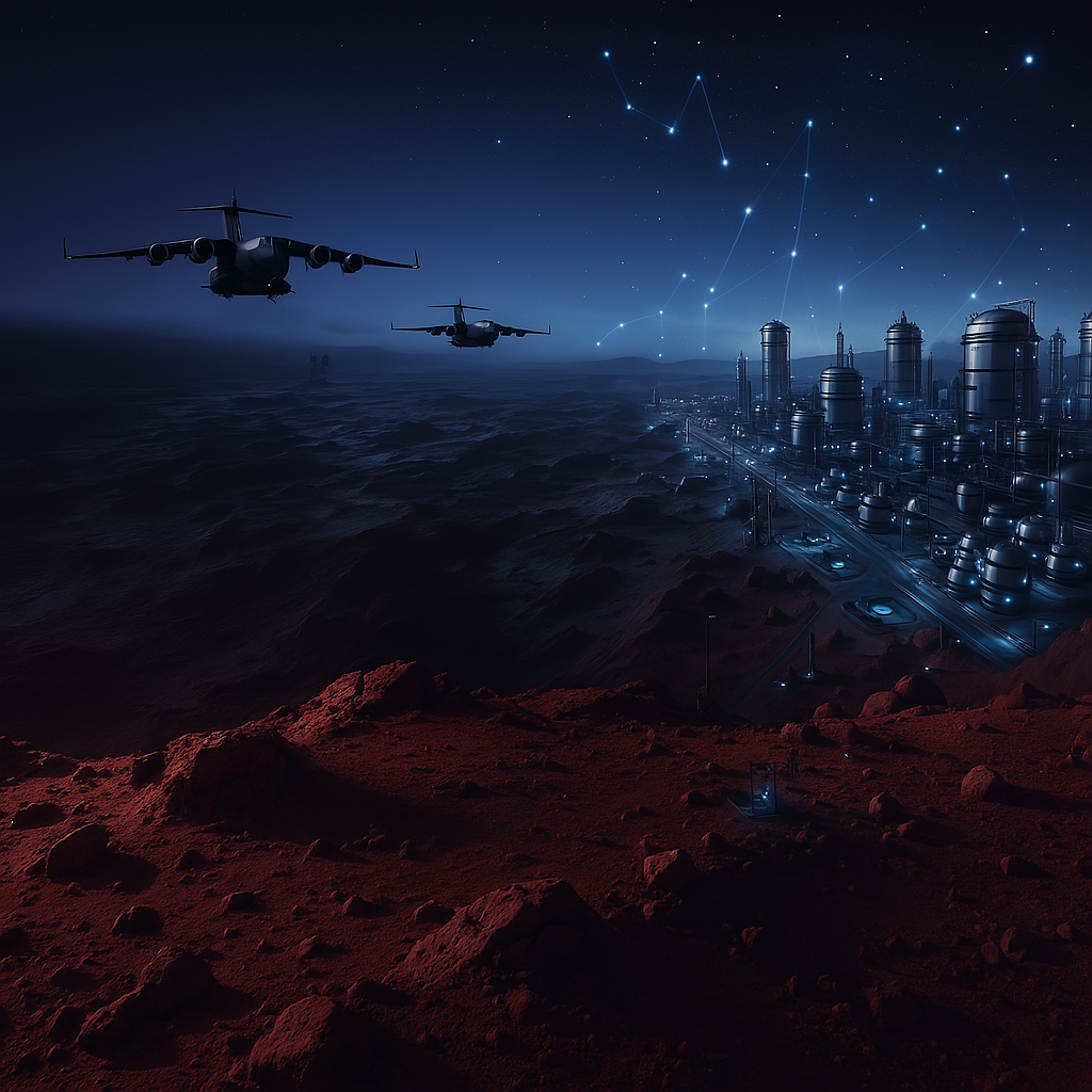 Aircraft over industrial facility at dusk